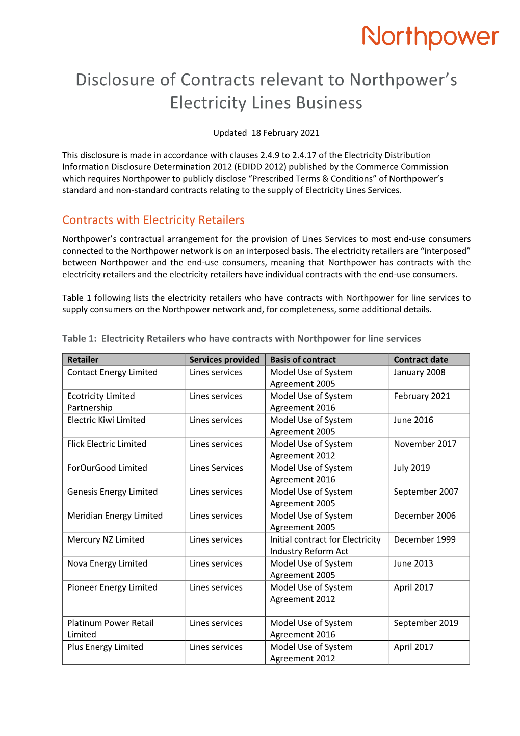 Disclosure of Contracts Relevant to Northpower's Electricity Lines