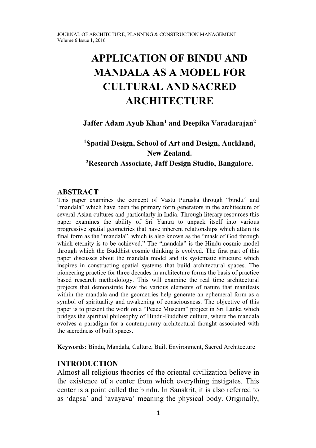 Application of Bindu and Mandala As a Model for Cultural and Sacred Architecture