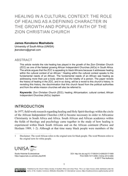 The Role of Healing As a Defining Character in the Growth and Popular Faith of the Zion Christian Church