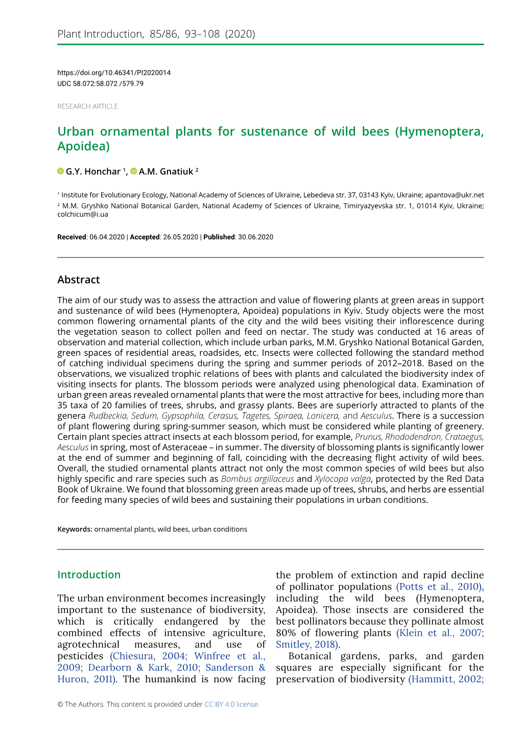 Urban Ornamental Plants for Sustenance of Wild Bees (Hymenoptera, Apoidea)