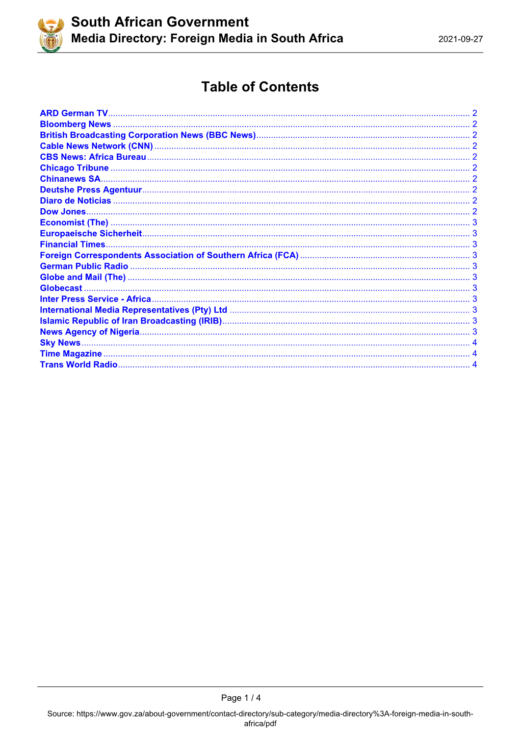 South African Government Media Directory: Foreign Media in South Africa 2021-09-27