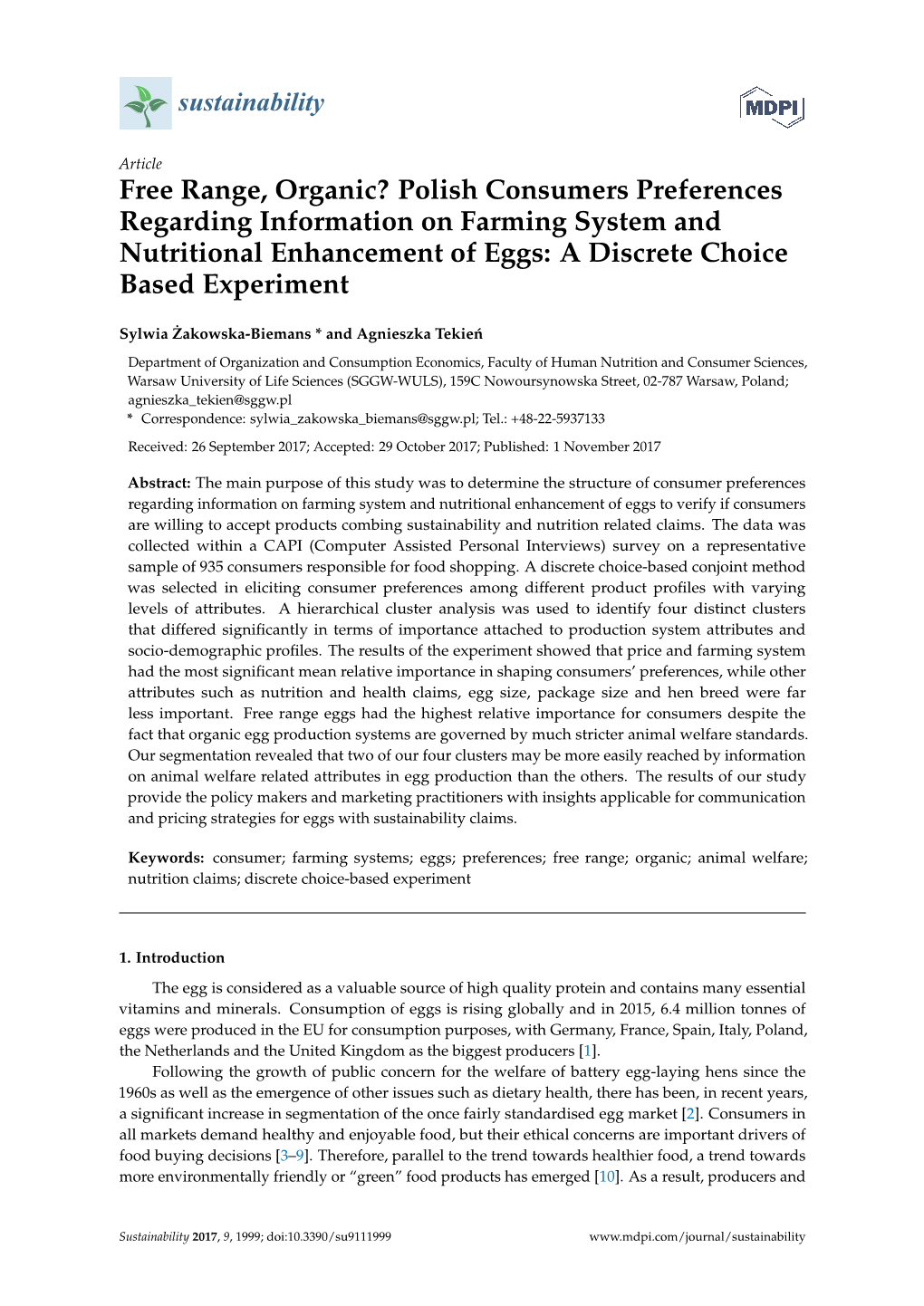 Free Range, Organic? Polish Consumers Preferences Regarding Information on Farming System and Nutritional Enhancement of Eggs: a Discrete Choice Based Experiment