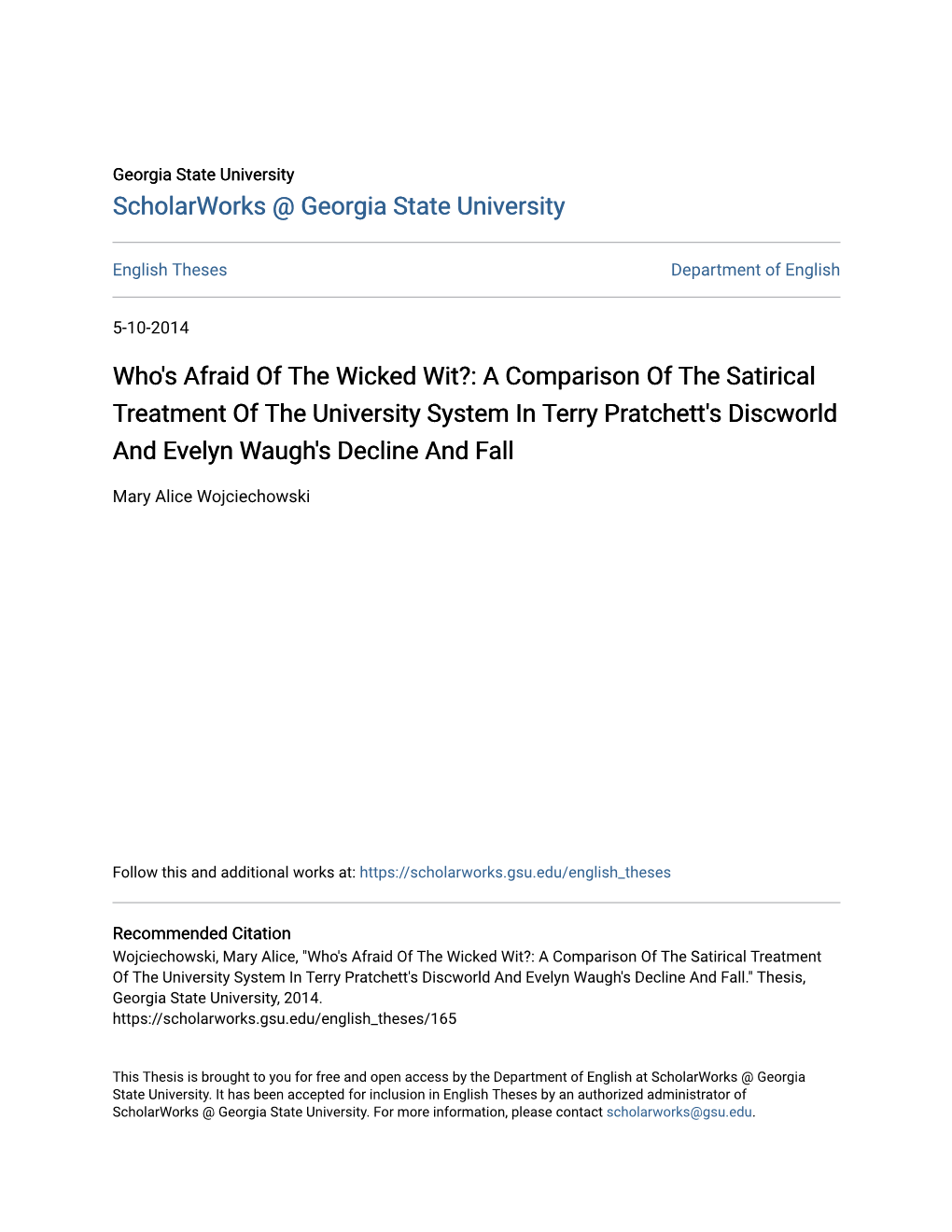 Who's Afraid of the Wicked Wit?: a Comparison of the Satirical Treatment of the University System in Terry Pratchett's Discworld and Evelyn Waugh's Decline and Fall