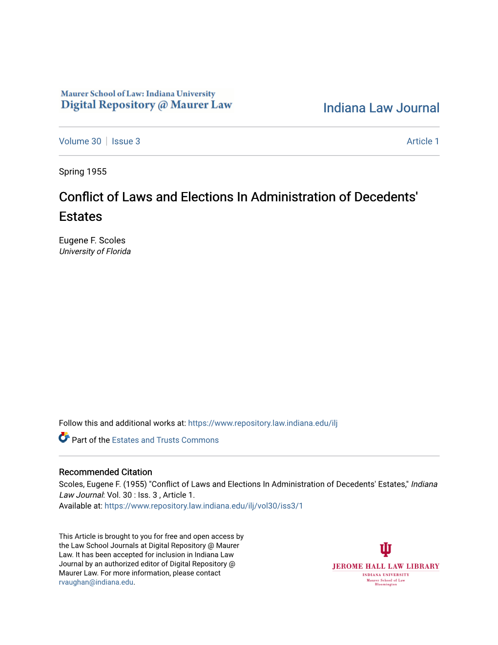 Conflict of Laws and Elections in Administration of Decedents' Estates