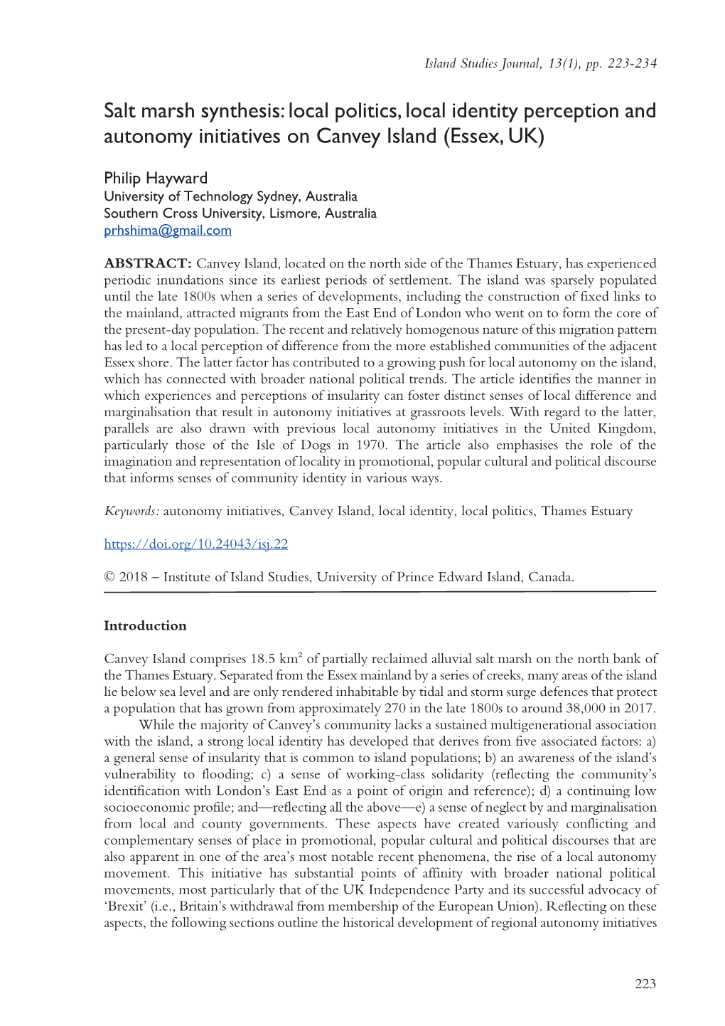 Local Politics, Local Identity Perception and Autonomy Initiatives on Canvey Island (Essex, UK)