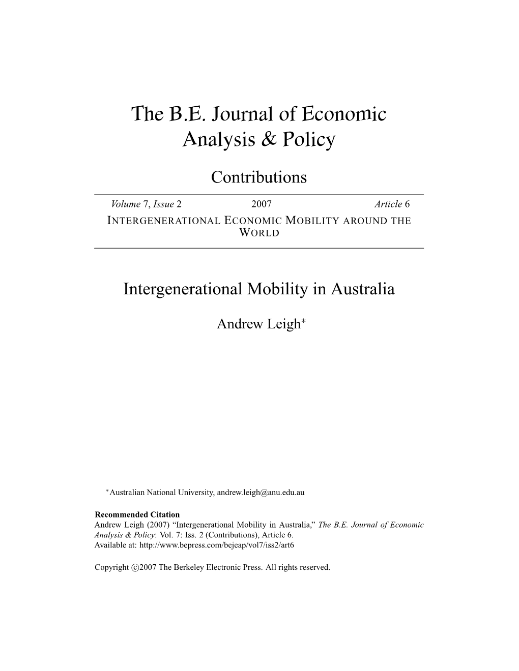 Intergenerational Mobility in Australia