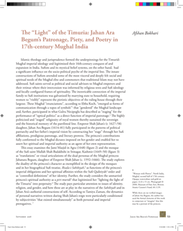The “Light” of the Timuria: Jahan Ara Begum's Patronage, Piety, And