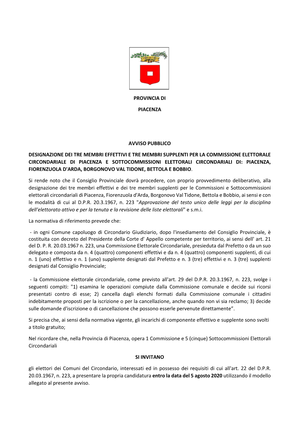 Provincia Di Piacenza Avviso Pubblico Designazione Dei