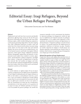 Editorial Essay: Iraqi Refugees, Beyond the Urban Refugee Paradigm