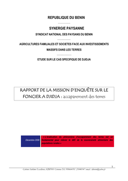 Rapport De La Mission D'enquête Sur Le Foncier A