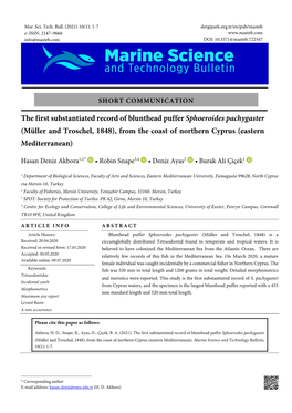 The First Substantiated Record of Blunthead Puffer Sphoeroides Pachygaster (Müller and Troschel, 1848), from the Coast of Northern Cyprus (Eastern Mediterranean)