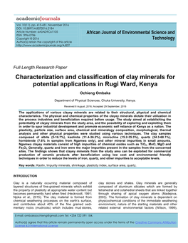 Characterization and Classification of Clay Minerals for Potential Applications in Rugi Ward, Kenya