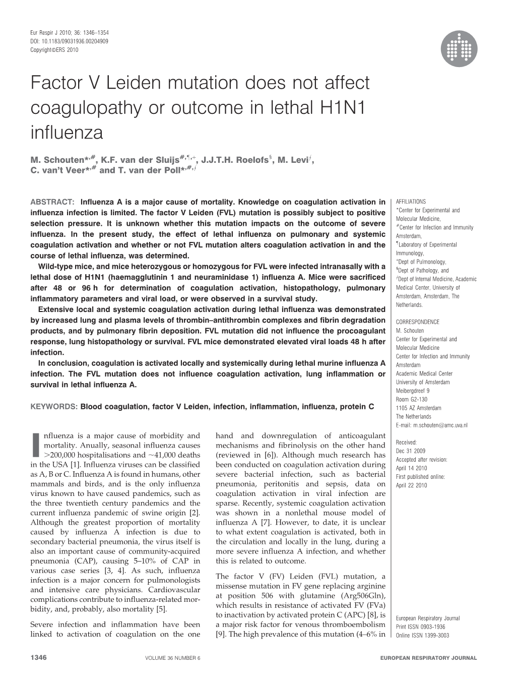 Factor V Leiden Mutation Does Not Affect Coagulopathy Or Outcome in Lethal H1N1 Influenza