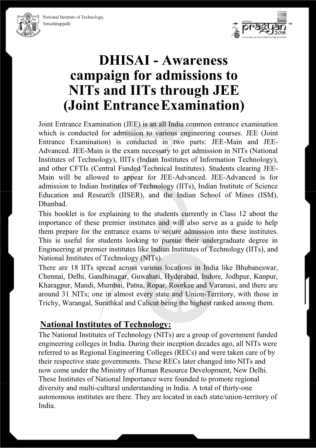 DHISAI - Awareness Campaign for Admissions to Nits and Iits Through JEE