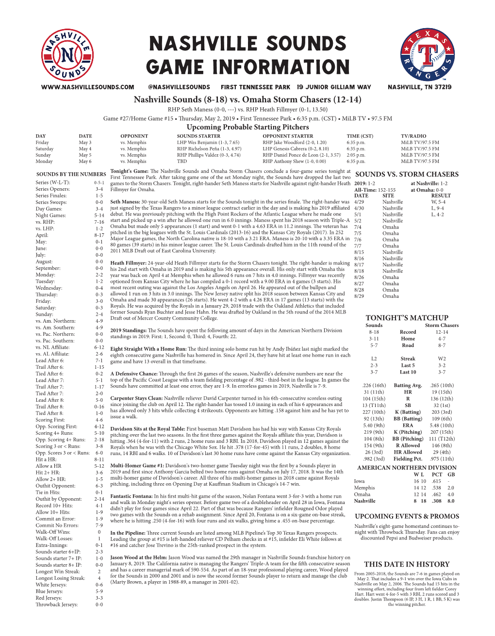 Nashville Sounds Game Information @Nashvillesounds First Tennessee Park 19 Junior Gilliam Way Nashville, TN 37219 Nashville Sounds (8-18) Vs