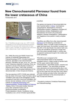 New Ctenochasmatid Pterosaur Found from the Lower Cretaceous of China 16 December 2011