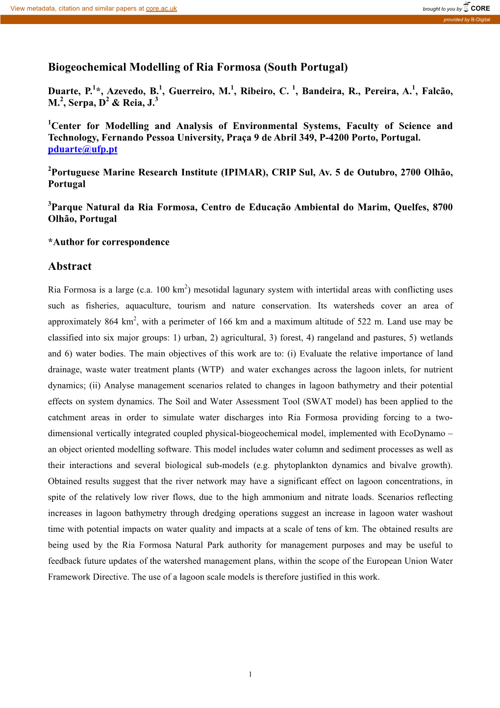 Biogeochemical Modelling of Ria Formosa (South Portugal)