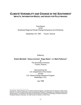 Climate Variability and Change in the Southwest Impacts, Information Needs, and Issues for Policymaking