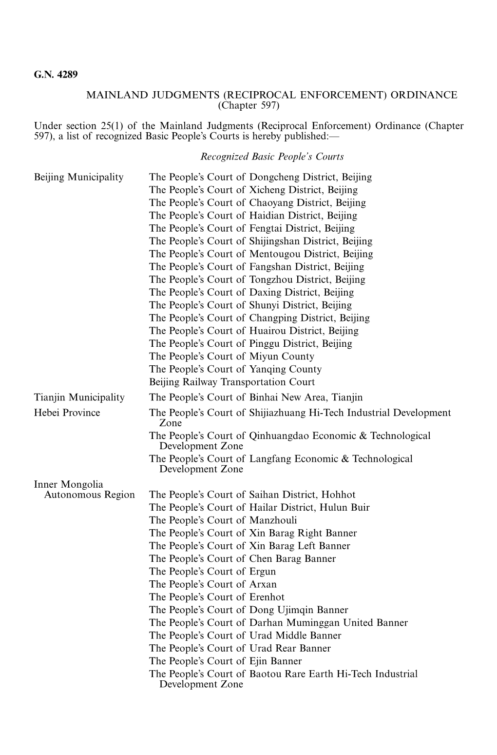 G.N. 4289 Mainland Judgments (Reciprocal Enforcement