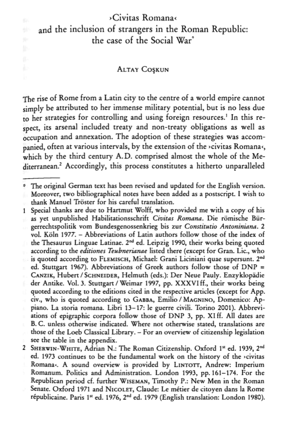 Civitas Romana< and the Inclusion of Strangers in the Roman Republic: the Case of the Social