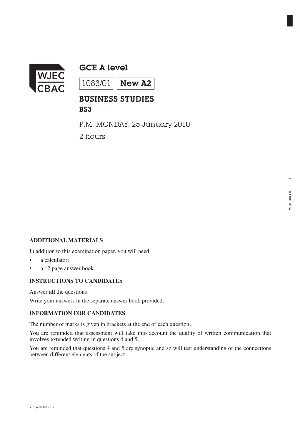 GCE a Level 1083/01 New A2 BUSINESS STUDIES BS3