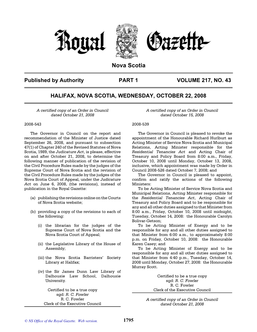 NS Royal Gazette Part I