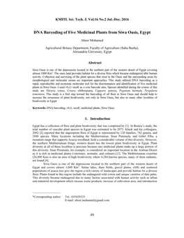 DNA Barcoding of Five Medicinal Plants from Siwa Oasis, Egypt