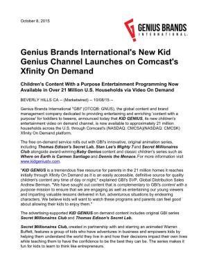 Genius Brands International's New Kid Genius Channel Launches on Comcast's Xfinity on Demand