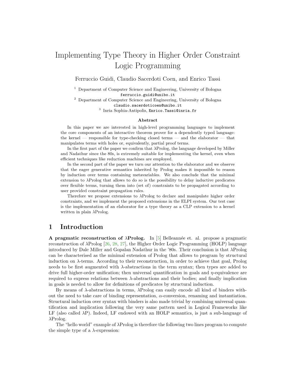 Implementing Type Theory in Higher Order Constraint Logic Programming