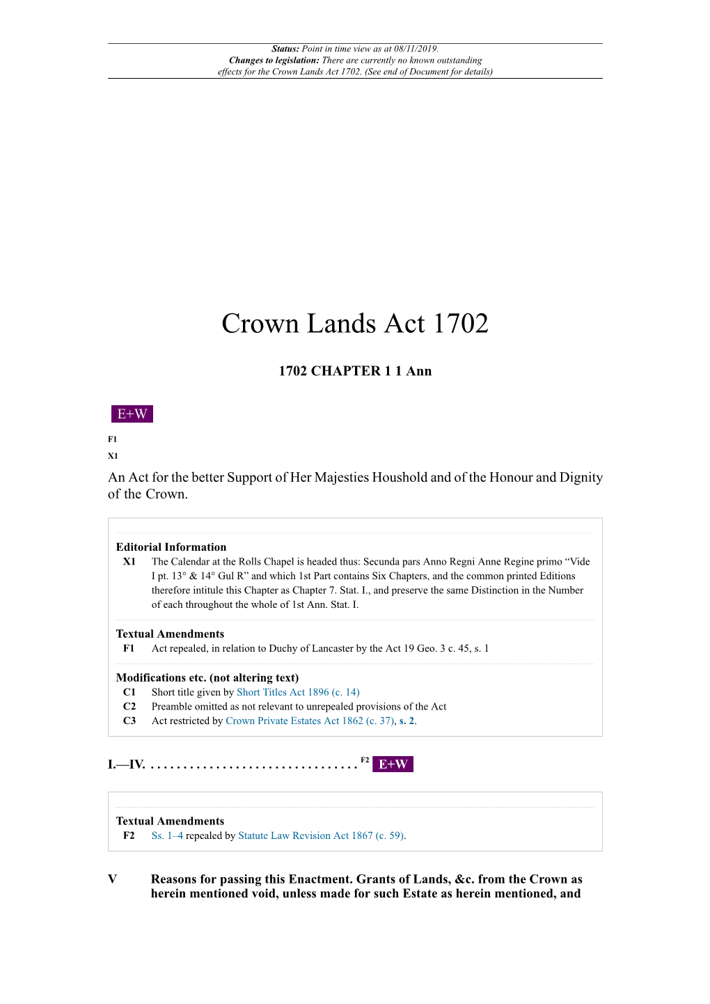 Crown Lands Act 1702