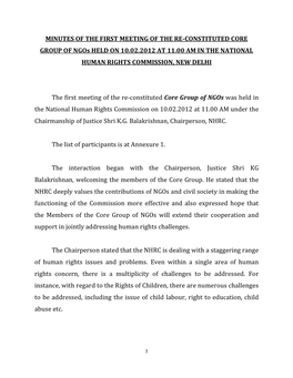MINUTES of the FIRST MEETING of the RE-CONSTITUTED CORE GROUP of Ngos HELD on 10.02.2012 at 11.00 AM in the NATIONAL HUMAN RIGHTS COMMISSION, NEW DELHI