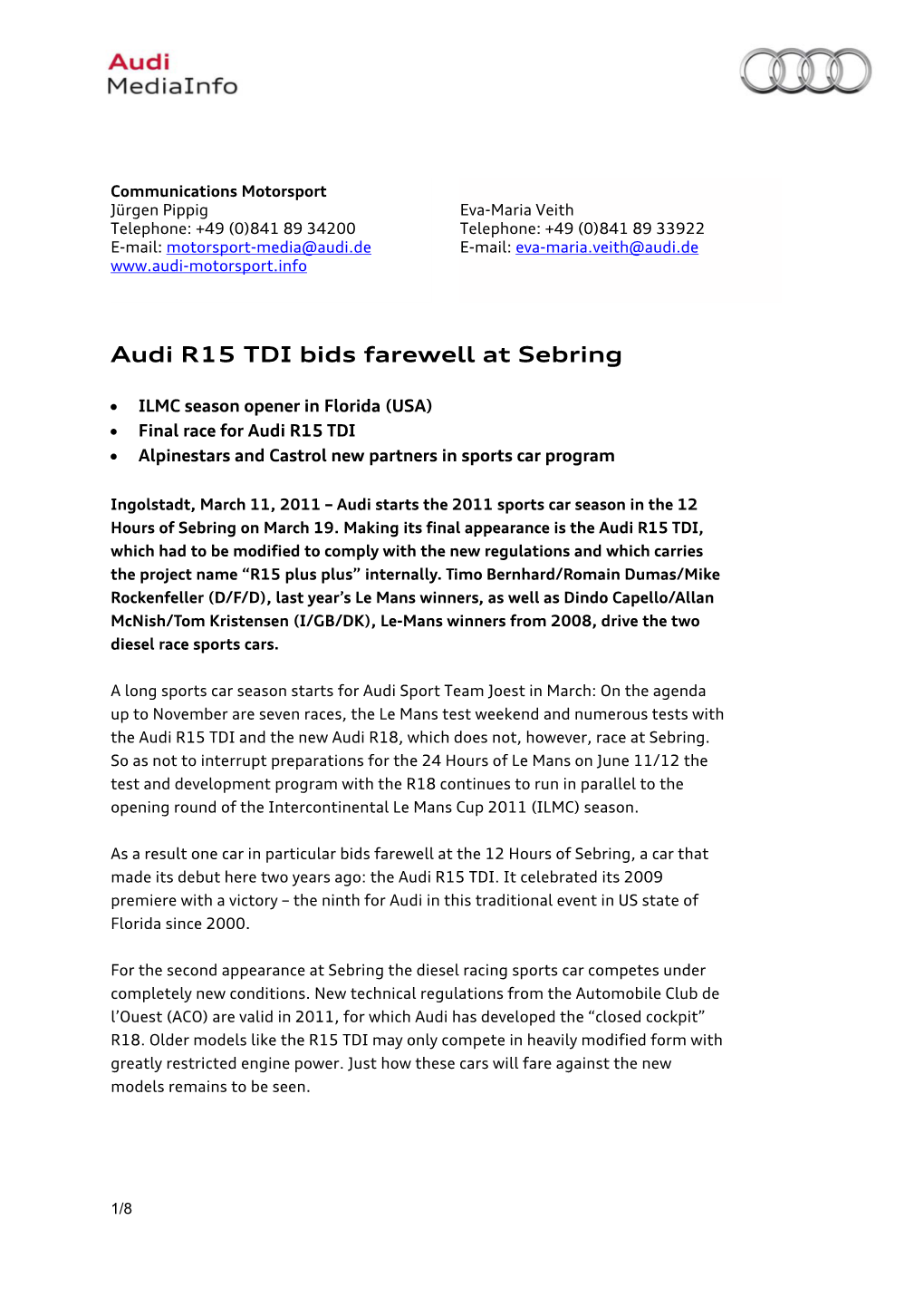 Audi R15 TDI Bids Farewell at Sebring