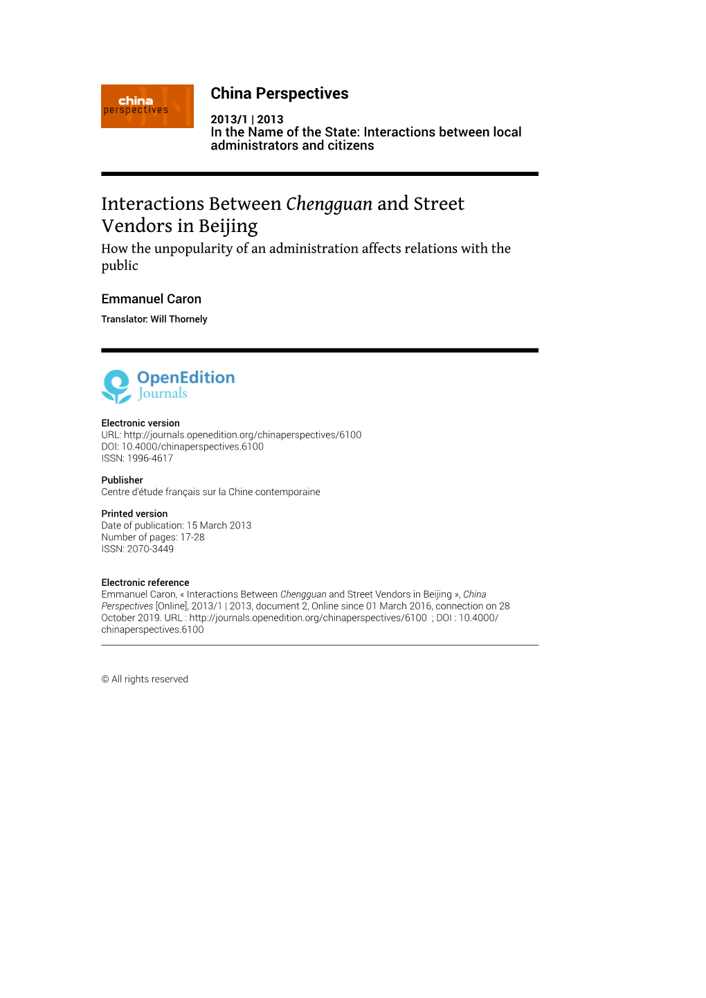 Interactions Between Chengguan and Street Vendors in Beijing How the Unpopularity of an Administration Affects Relations with the Public