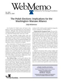 The Polish Elections: Implications for the Washington–Warsaw Alliance Sally Mcnamara