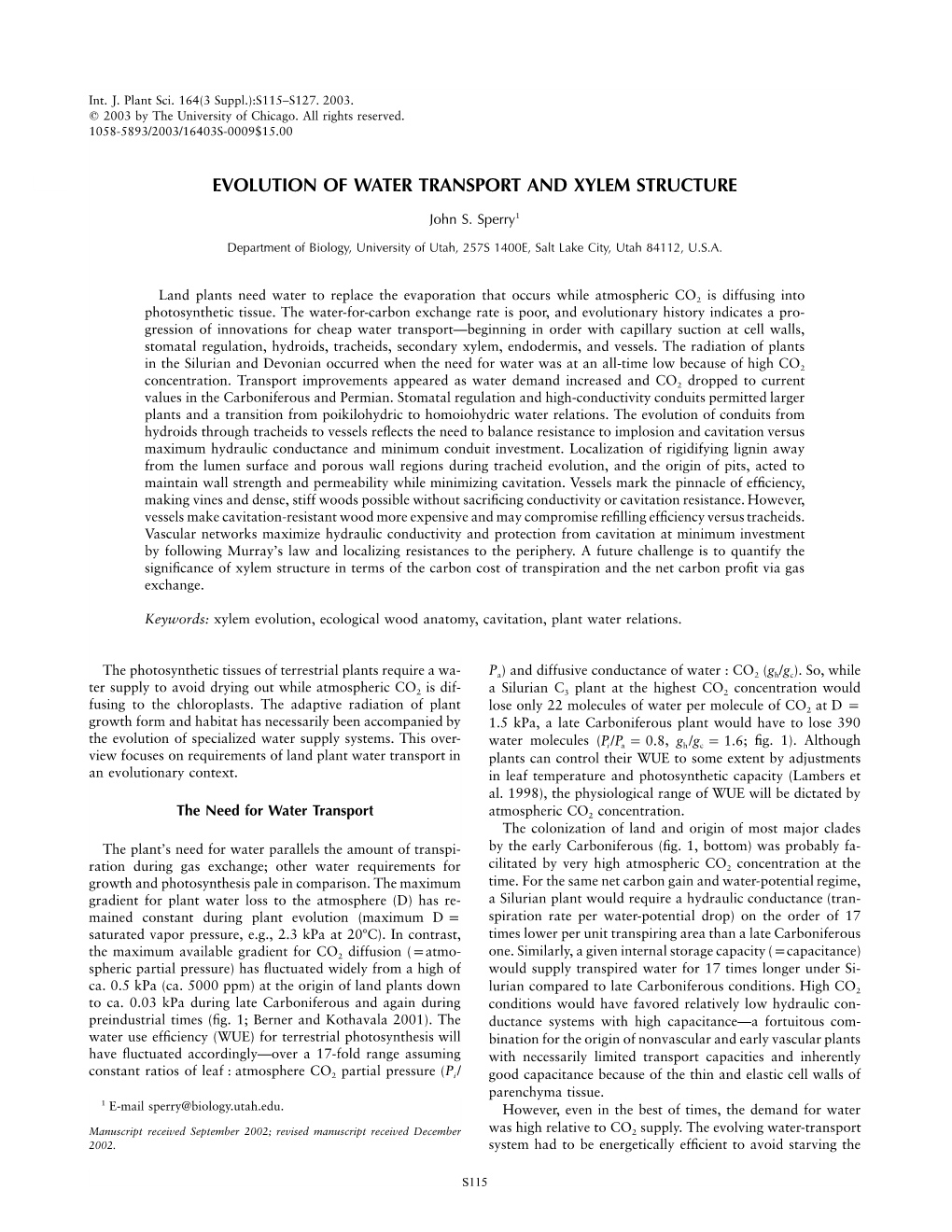 Evolution of Water Transport and Xylem Structure