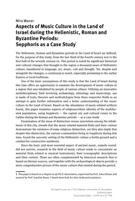 Aspects of Music Culture in the Land of Israel During the Hellenistic, Roman and Byzantine Periods: Sepphoris As a Case Study1