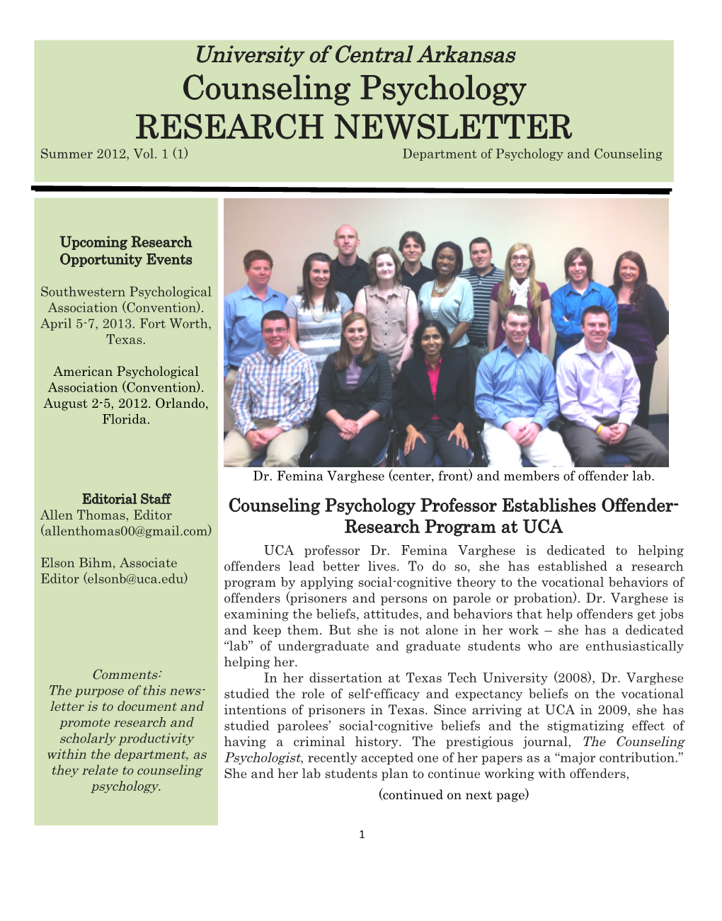 Counseling Psychology RESEARCH NEWSLETTER Summer 2012, Vol