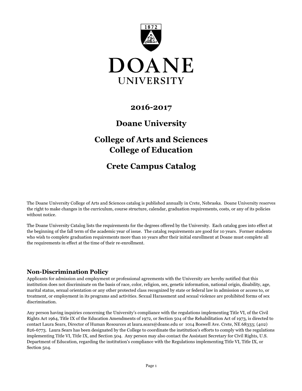 2016-2017 Doane University College of Arts and Sciences College Of