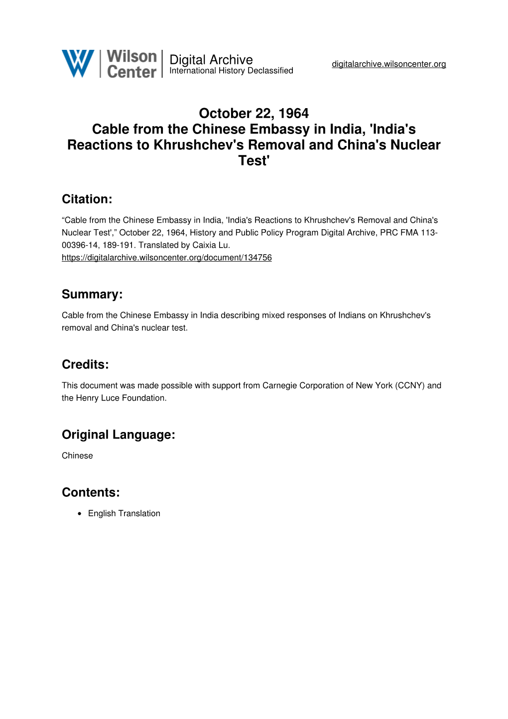 October 22, 1964 Cable from the Chinese Embassy in India, 'India's Reactions to Khrushchev's Removal and China's Nuclear Test'