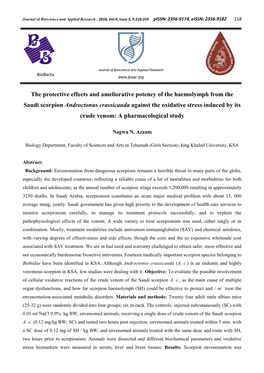 The Protective Effects and Ameliorative Potency of the Haemolymph From