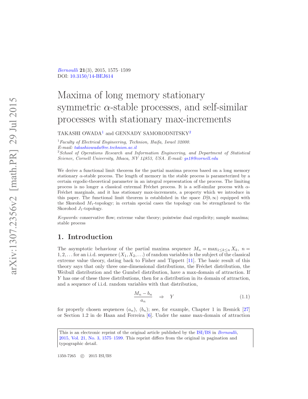 Maxima of Long Memory Stationary Symmetric -Stable Processes