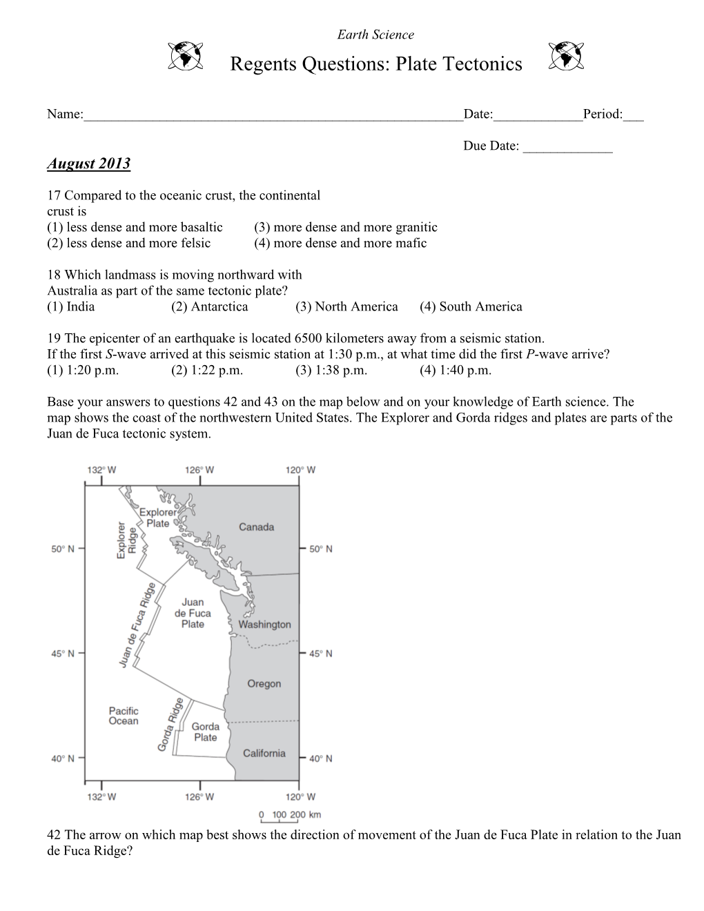 Regents Questions: Plate Tectonics