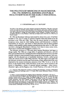 The Politics of Medicine in Manchester, 1788-1792: Hospital Reform and Public Health Services in the Early Industrial City