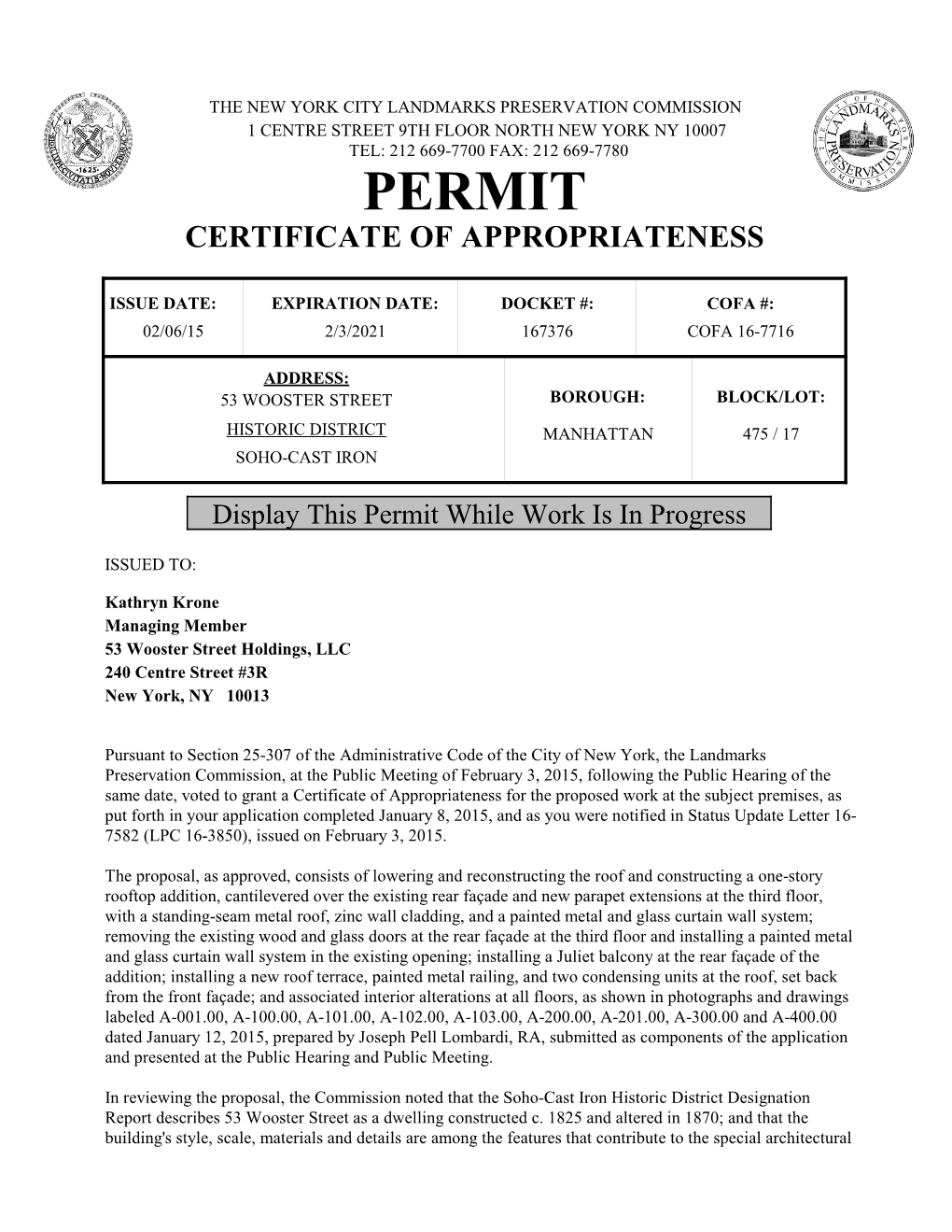 Permit Certificate of Appropriateness