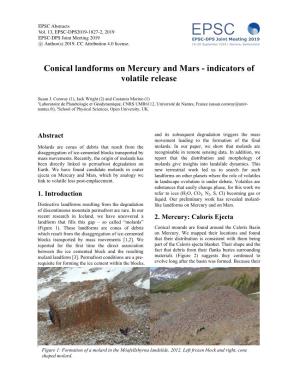 Conical Landforms on Mercury and Mars - Indicators of Volatile Release