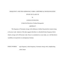 FREQUENCY and the GERMAN(IC) VERB: a HISTORICAL SOCIOLINGUISTIC STUDY of CLASS VII by CONNI COVINGTON (Under the Direction of Jo