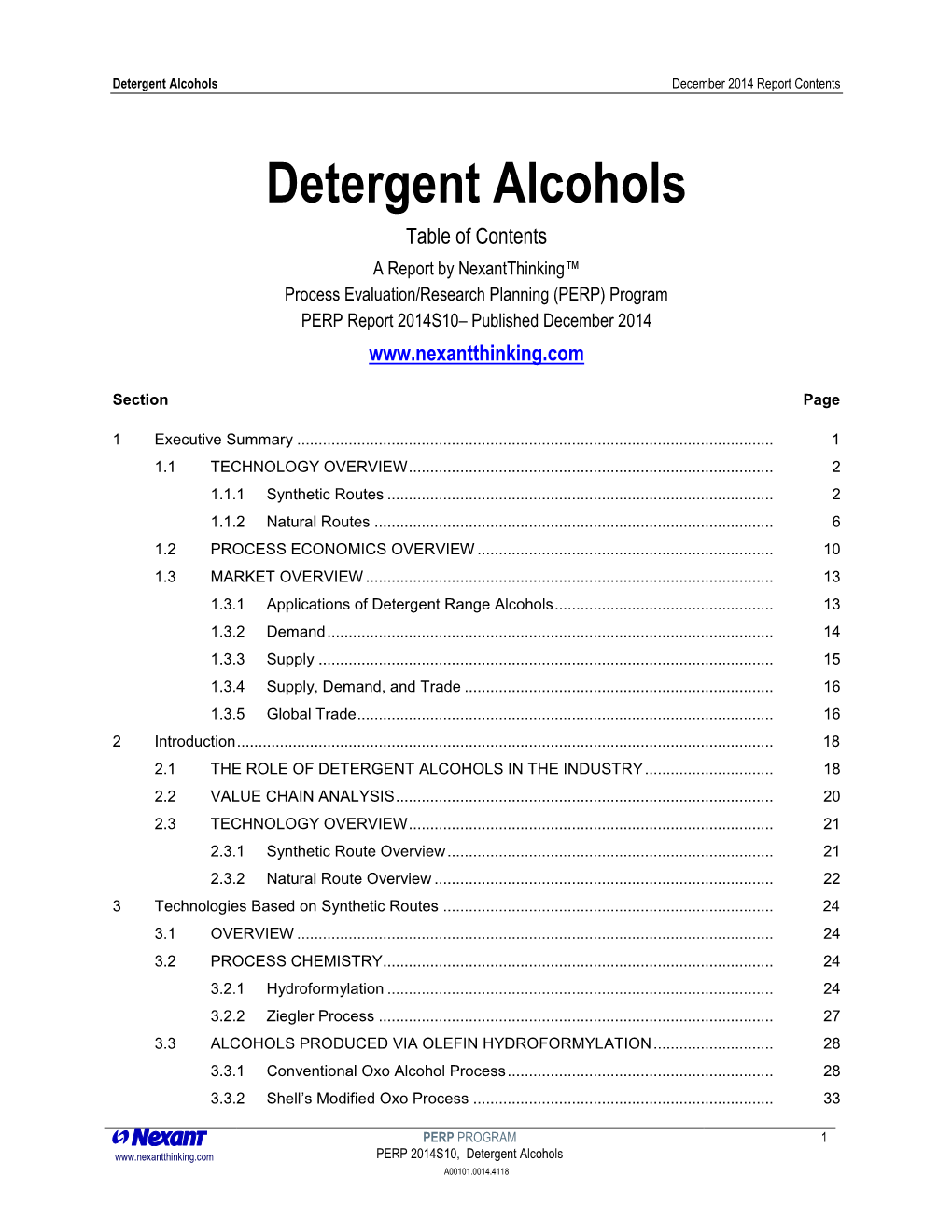 Detergent Alcohols December 2014 Report Contents