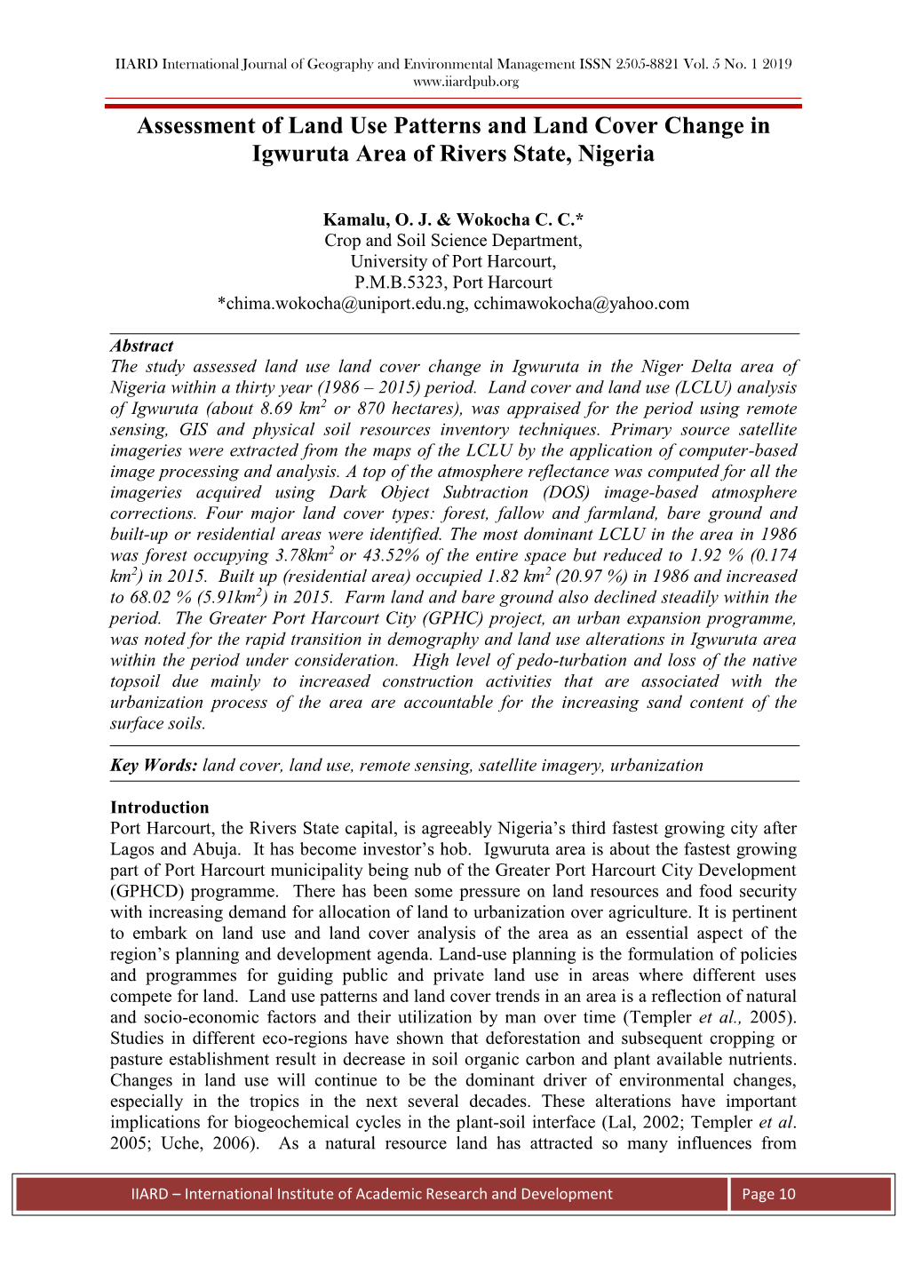 Assessment of Land Use Patterns and Land Cover Change in Igwuruta Area of Rivers State, Nigeria