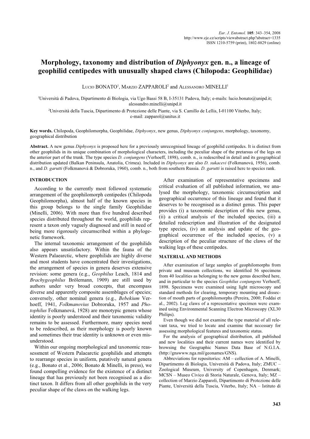 Morphology, Taxonomy and Distribution of Diphyonyx Gen