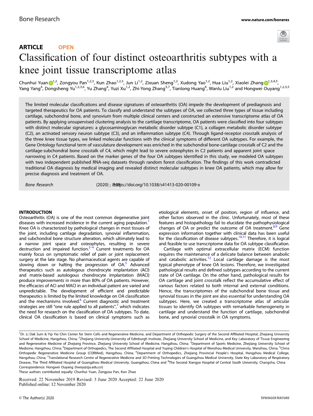 Classification of Four Distinct Osteoarthritis Subtypes with a Knee